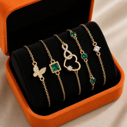 Hallow Heart Green Crystal Stone Bracelet Set