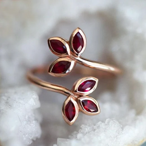 Vintage Red Crystal Leaf Rose Gold Ring