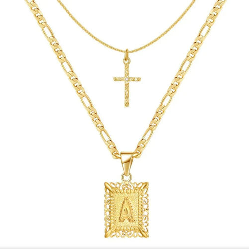 Cross Initial Necklace Set
