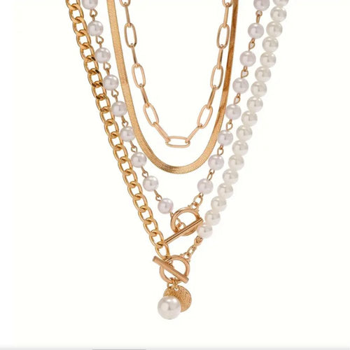 Vintage Pearl & Gold Snake Chain Necklace Set