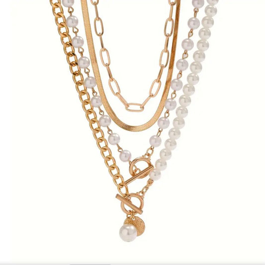 Vintage Pearl & Gold Snake Chain Necklace Set