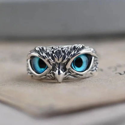 Owl of Good Luck Adjustable Ring in Silver and Opal