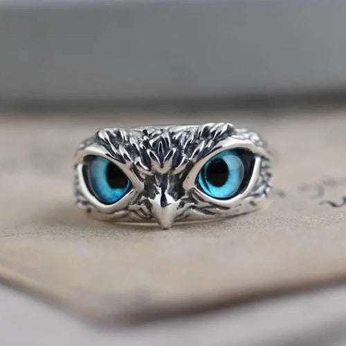Owl of Good Luck Adjustable Ring in Silver and Opal